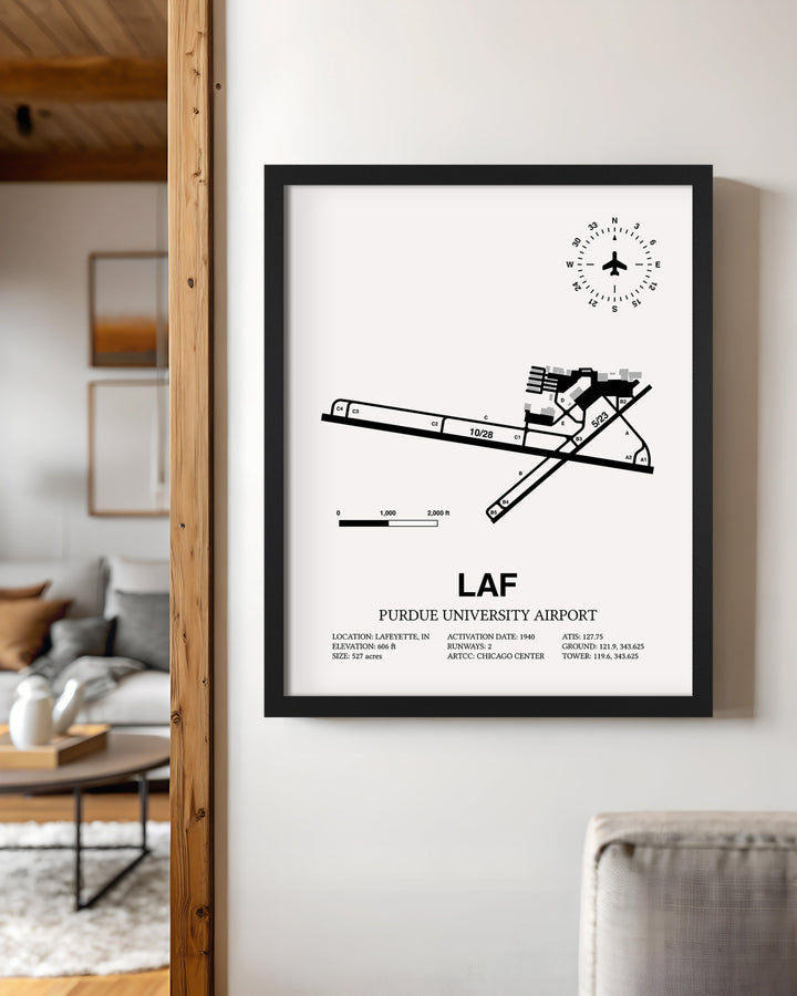 Framed Detailed Airport Map of Purdue University Airport (LAF) in White with a Black Frame