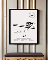 Framed Detailed Airport Map of Purdue University Airport (LAF) in White with a Black Frame