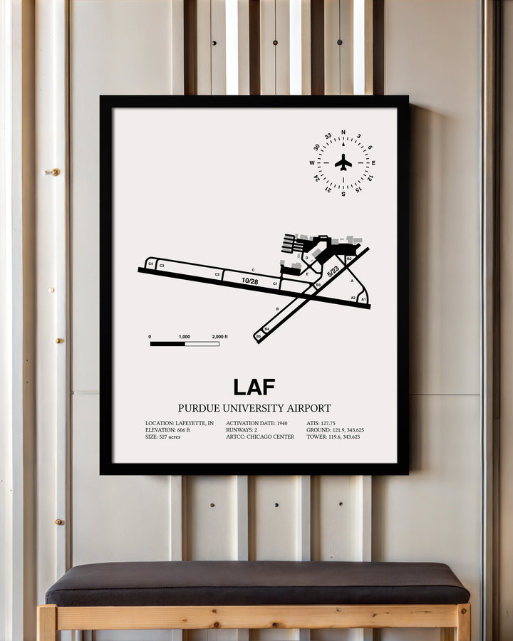 Framed Detailed Airport Map of Purdue University Airport (LAF) in White with a Black Frame
