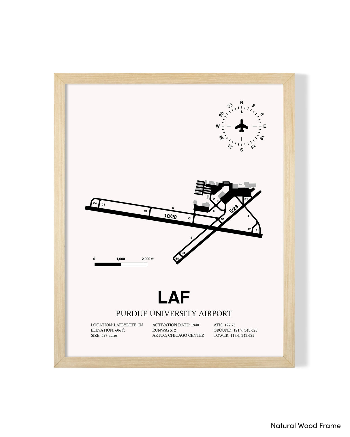Detailed Airport Map of Purdue University Airport (LAF) in White with a Natural Frame
