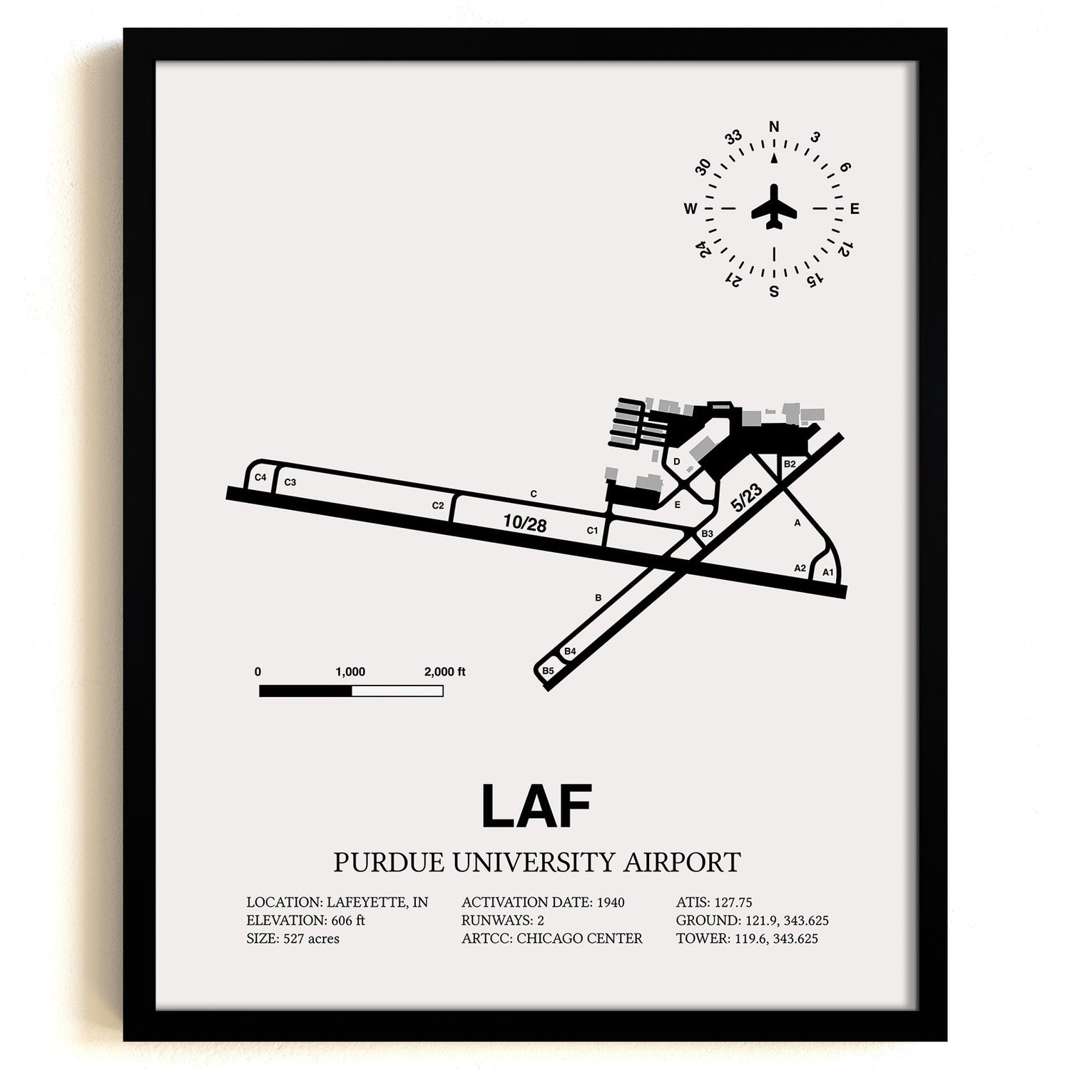 Framed Detailed Airport Map of Purdue University Airport (LAF) in White with a Black Frame