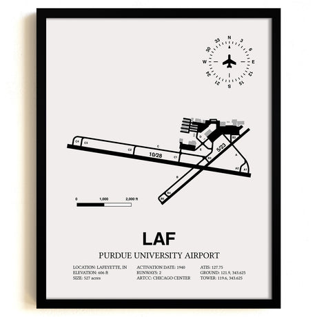 Framed Detailed Airport Map of Purdue University Airport (LAF) in White with a Black Frame