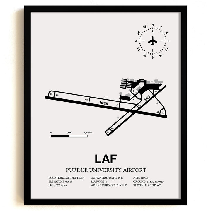 Framed Detailed Airport Map of Purdue University Airport (LAF) in White with a Black Frame