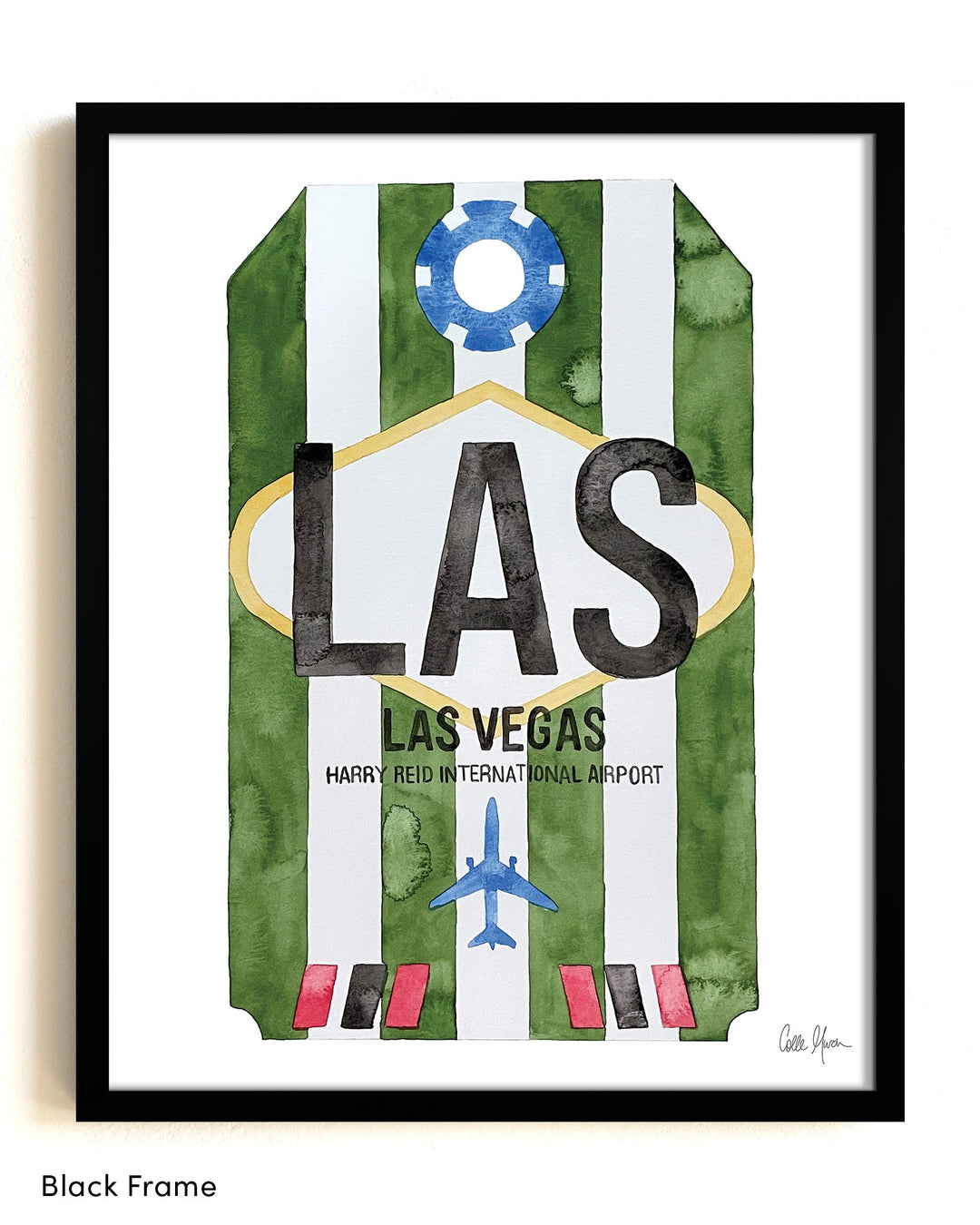 Framed Watercolor Print of Harry Reid International Airport (LAS) with a Black Frame