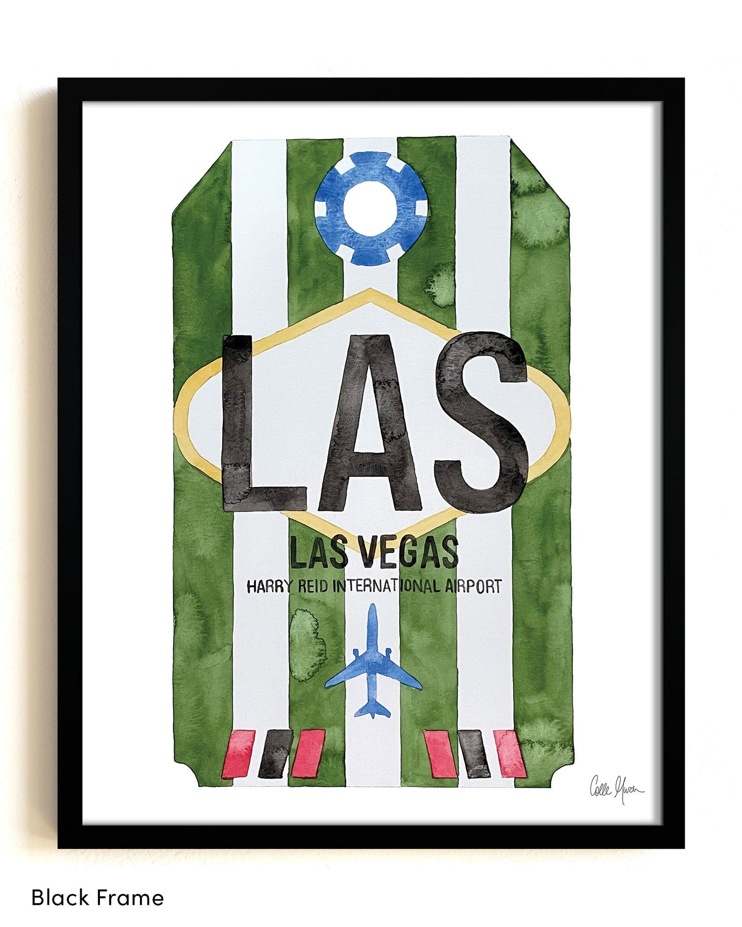 Framed Watercolor Print of Harry Reid International Airport (LAS) with a Black Frame