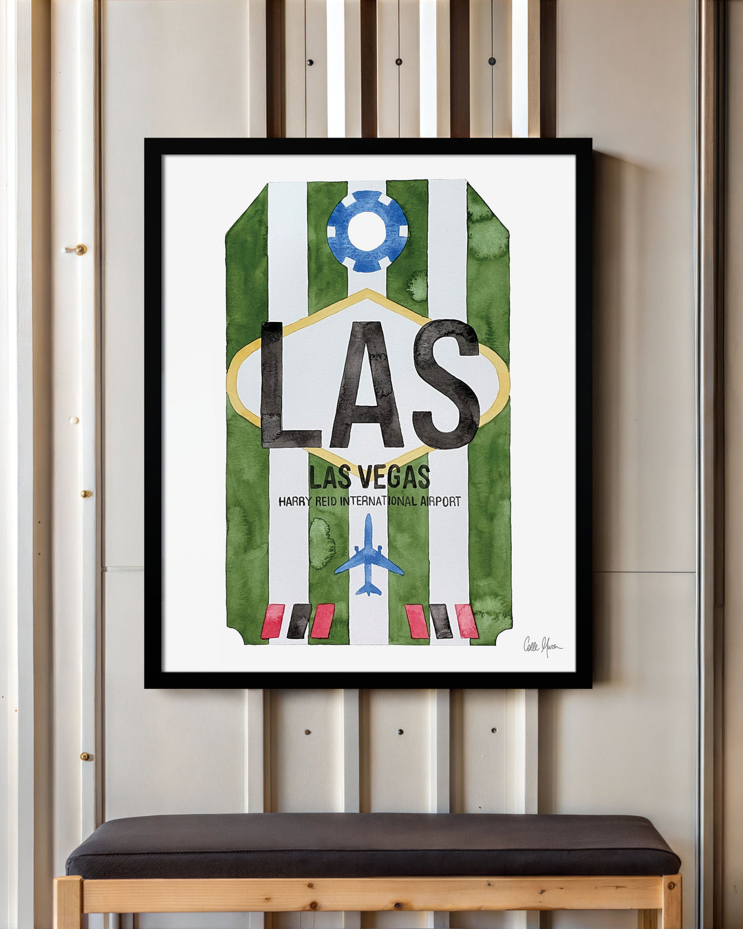 Framed Watercolor Print of Harry Reid International Airport (LAS) with a Black Frame