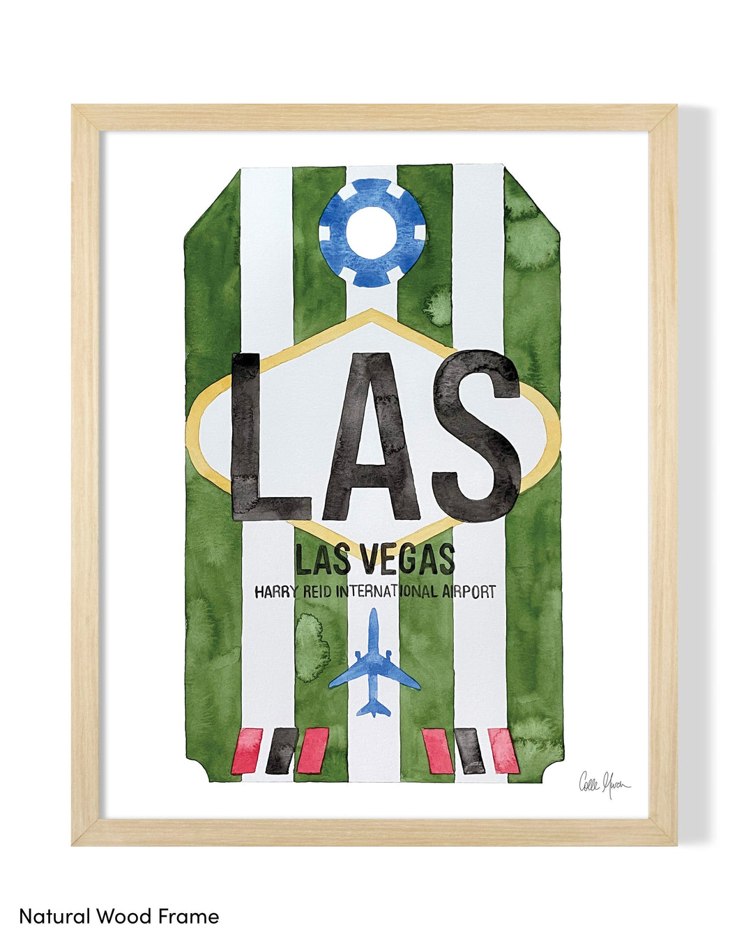 Framed Watercolor Print of Harry Reid International Airport (LAS) with a Natural Wood Frame