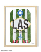 Framed Watercolor Print of Harry Reid International Airport (LAS) with a Natural Wood Frame