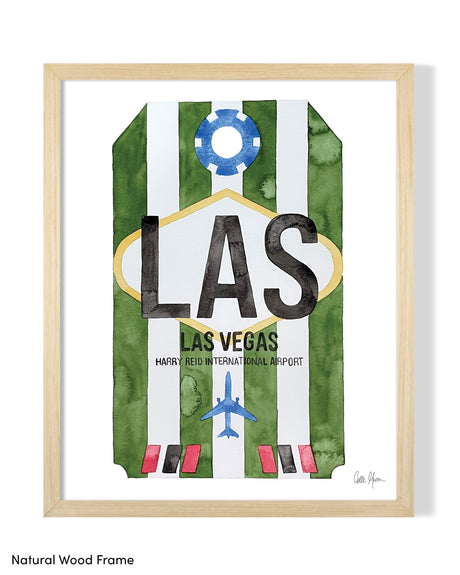 Framed Watercolor Print of Harry Reid International Airport (LAS) with a Natural Wood Frame