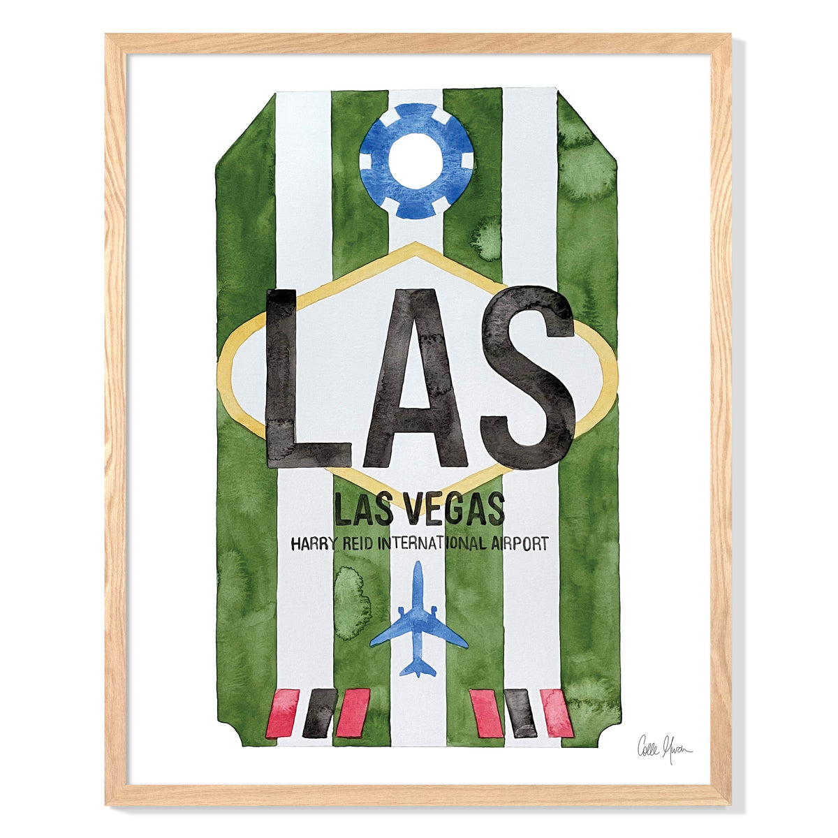 Framed Watercolor Print of Harry Reid International Airport (LAS) with an Oak Frame