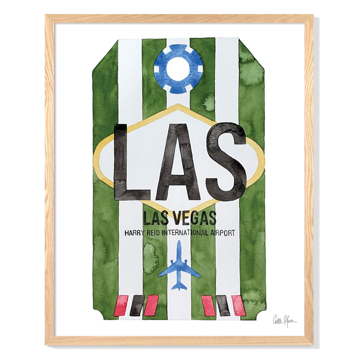 Framed Watercolor Print of Harry Reid International Airport (LAS) with an Oak Frame