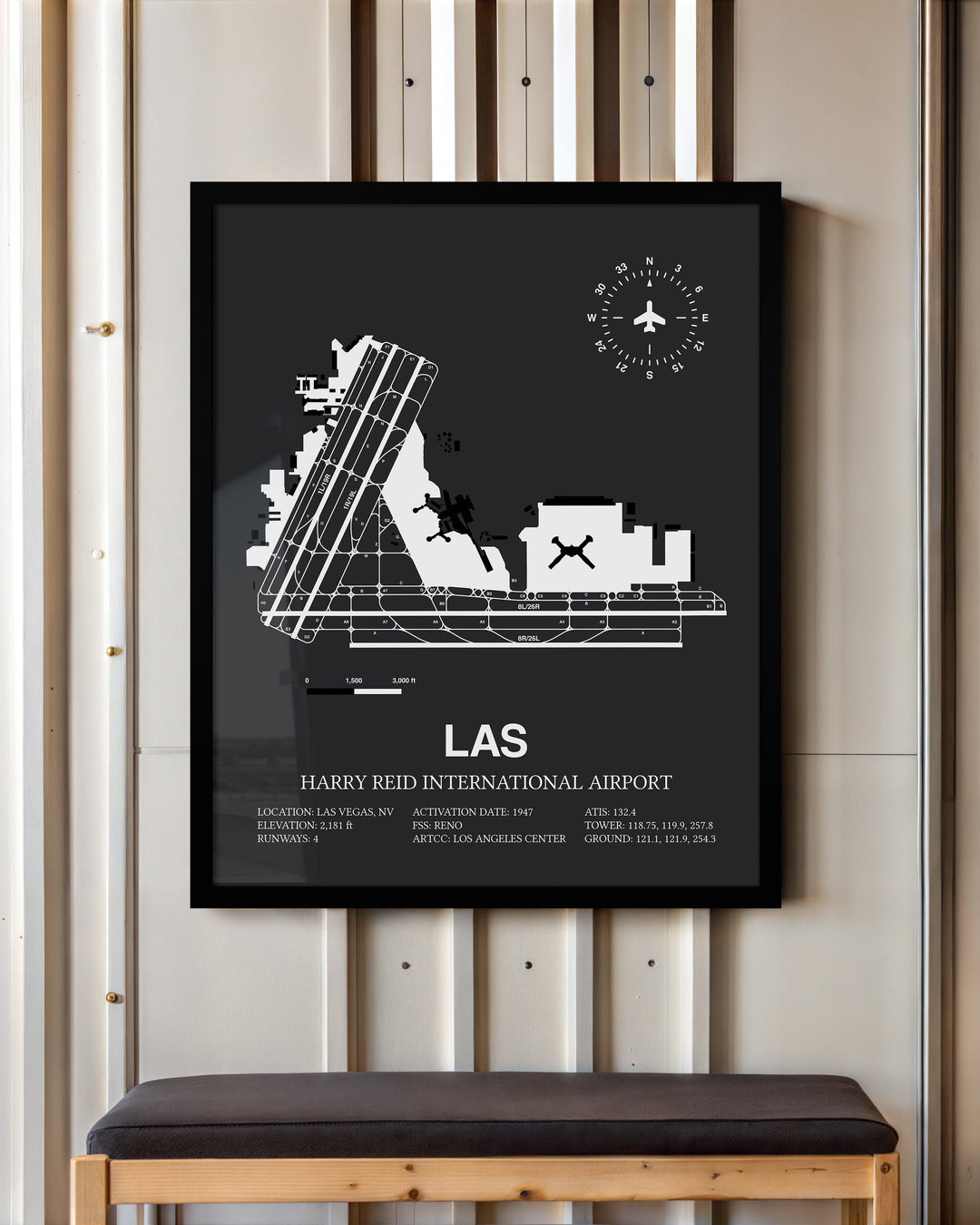 Framed Detailed Airport Map of Harry Reid International Airport (LAS) in Gray with a Black Frame