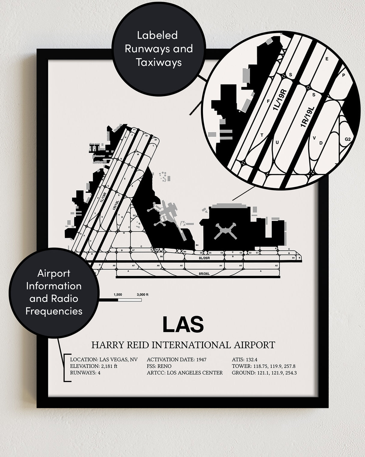 Framed Detailed Airport Map of Harry Reid International Airport (LAS) in White with a Black Frame