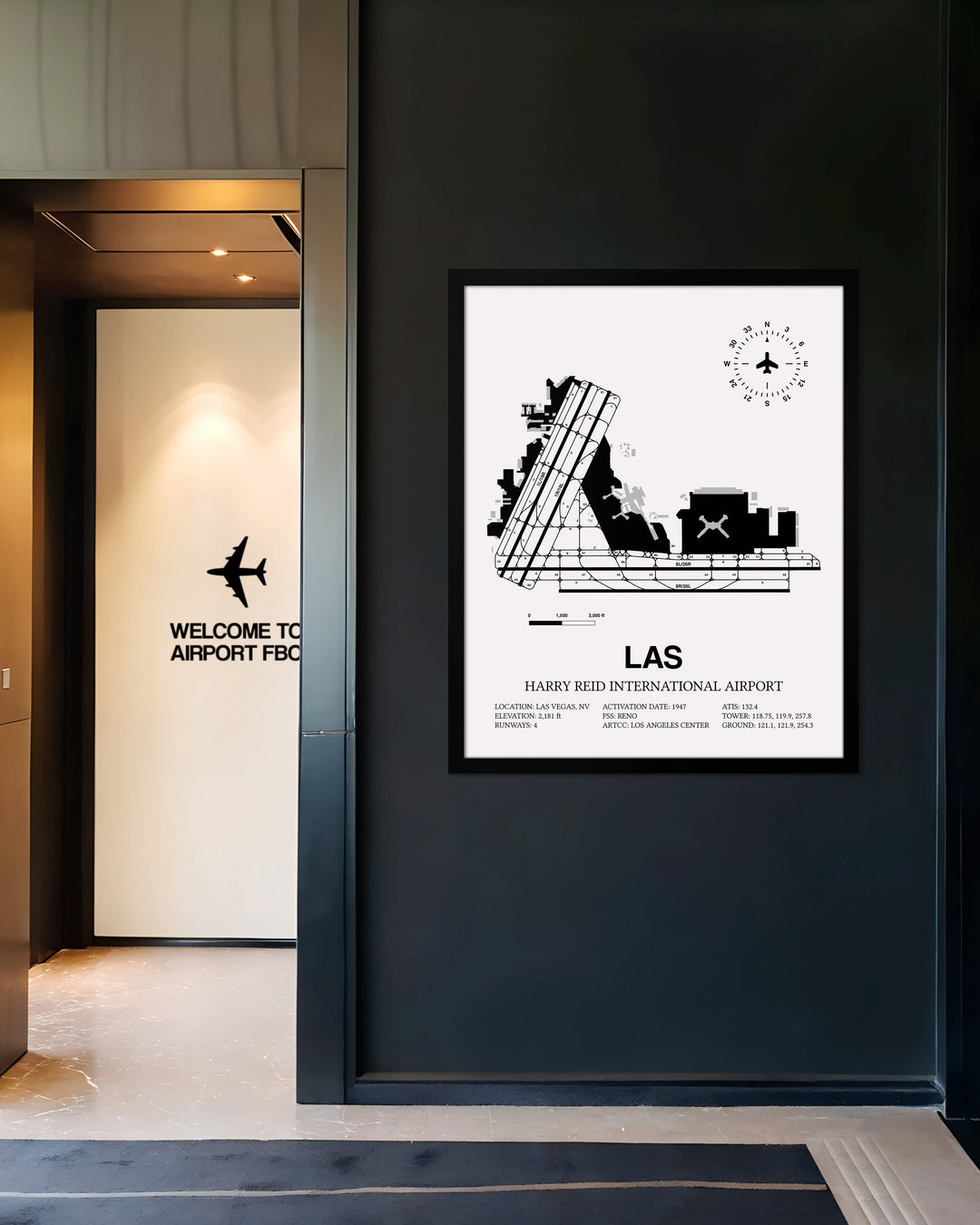 Framed Detailed Airport Map of Harry Reid International Airport (LAS) in White with a Black Frame