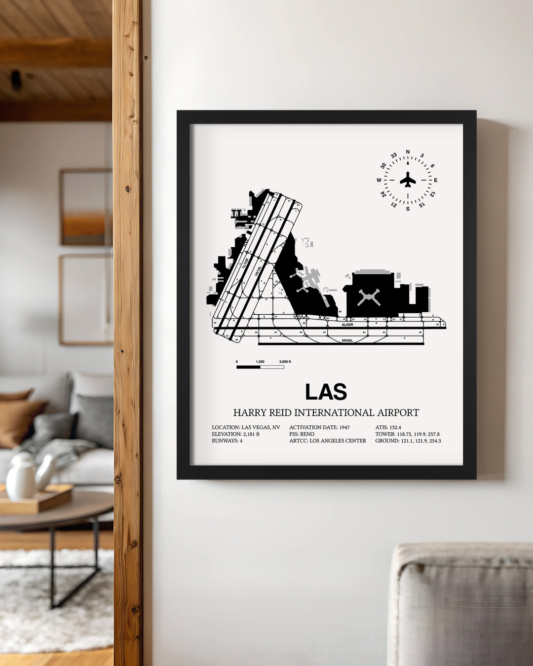 Framed Detailed Airport Map of Harry Reid International Airport (LAS) in White with a Black Frame