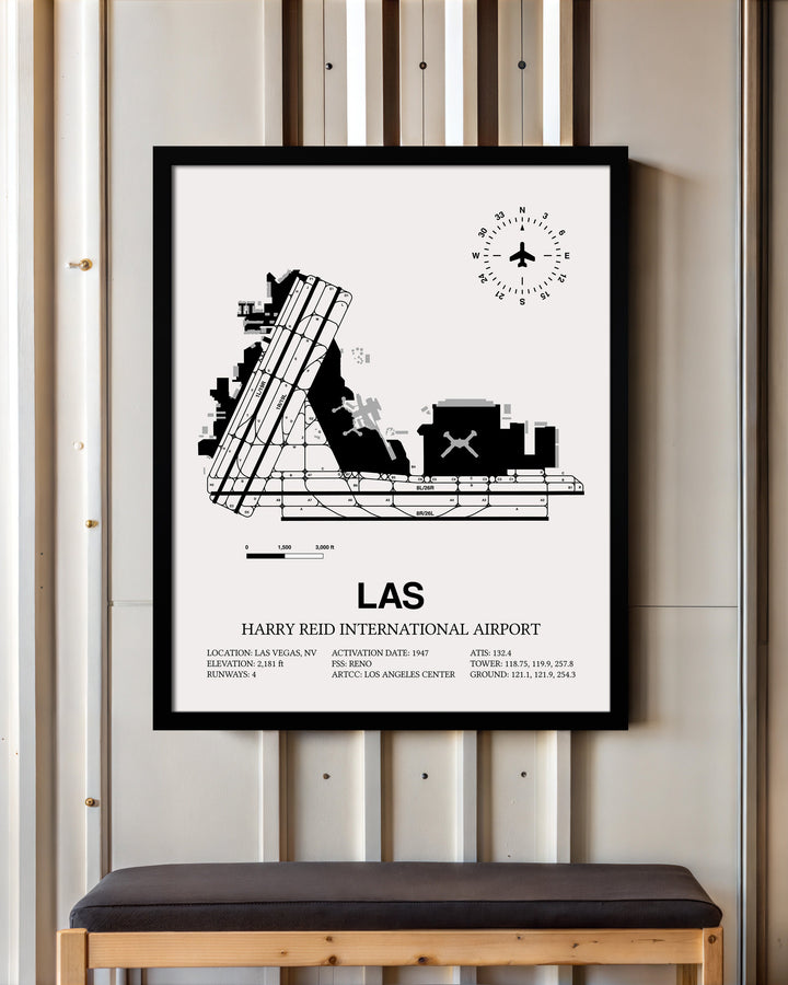 Framed Detailed Airport Map of Harry Reid International Airport (LAS) in White with a Black Frame