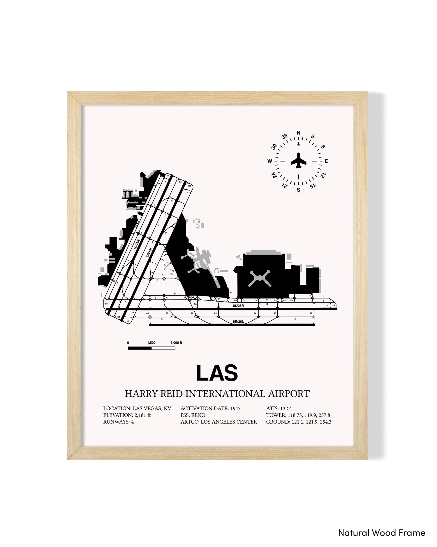 Detailed Airport Map of Harry Reid International Airport (LAS) in White with a Natural Frame