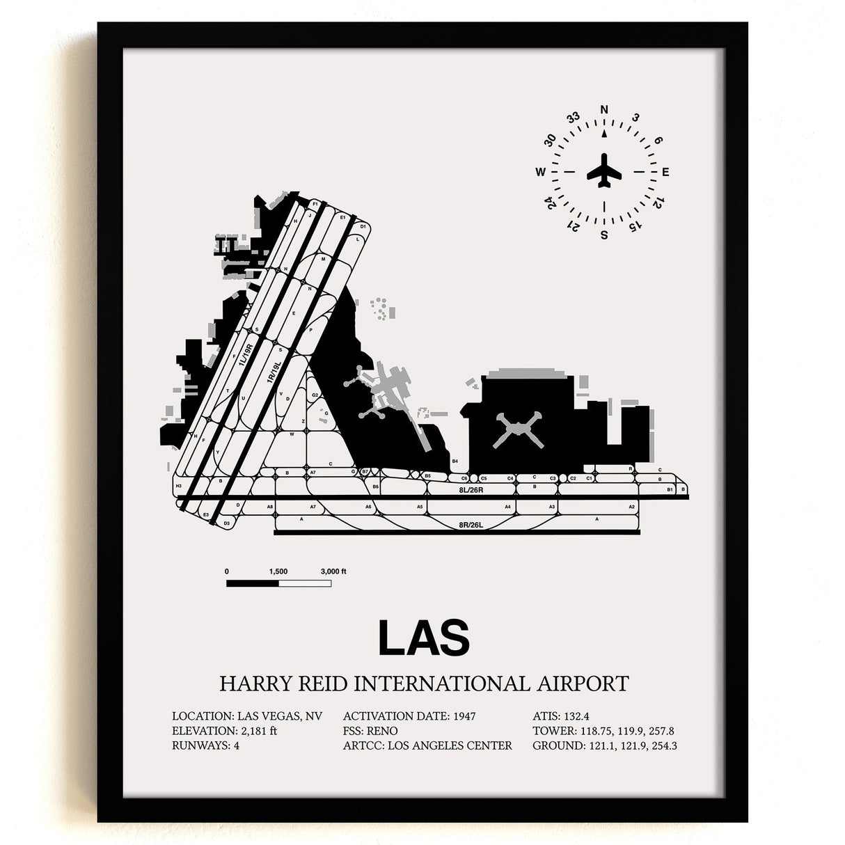 Framed Detailed Airport Map of Harry Reid International Airport (LAS) in White with a Black Frame
