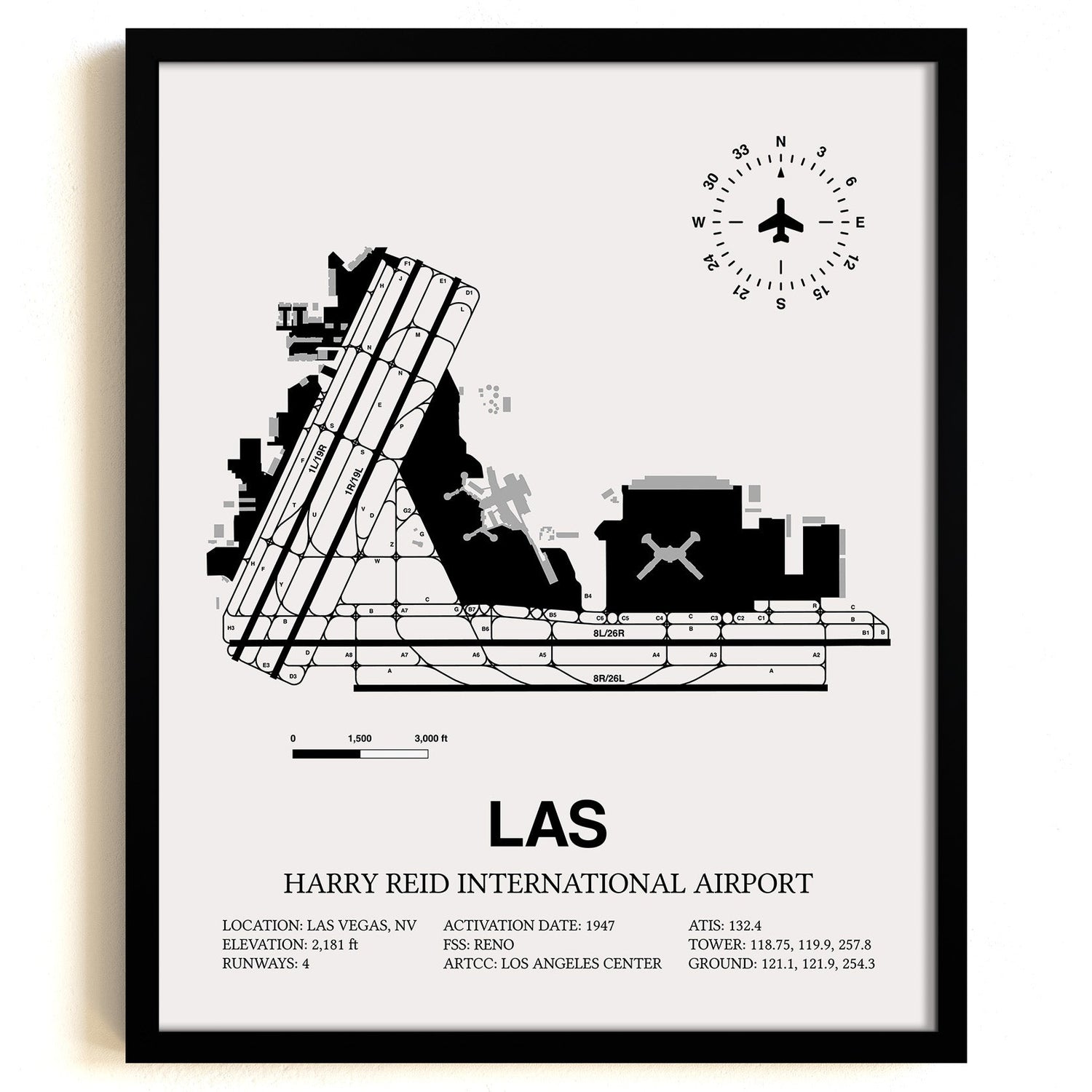 Framed Detailed Airport Map of Harry Reid International Airport (LAS) in White with a Black Frame