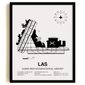 Framed Detailed Airport Map of Harry Reid International Airport (LAS) in White with a Black Frame