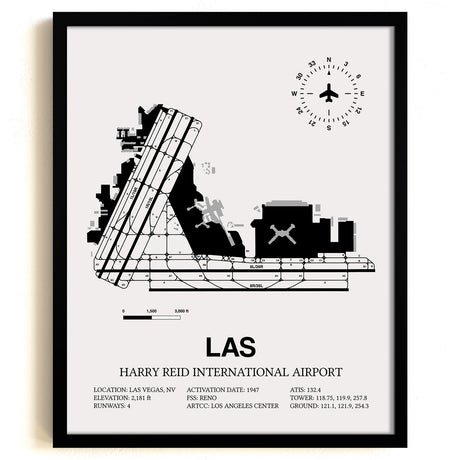 Framed Detailed Airport Map of Harry Reid International Airport (LAS) in White with a Black Frame