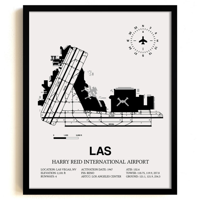 Framed Detailed Airport Map of Harry Reid International Airport (LAS) in White with a Black Frame