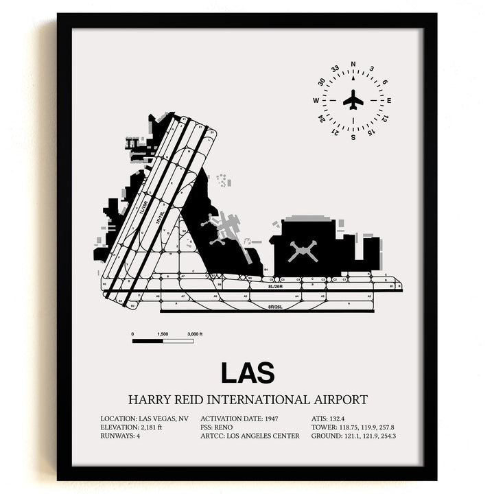 Framed Detailed Airport Map of Harry Reid International Airport (LAS) in White with a Black Frame