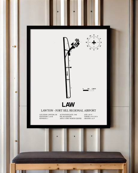 Framed Detailed Airport Map of Lawton Fort Sill Regional Airport (LAW) in White with a Black Frame