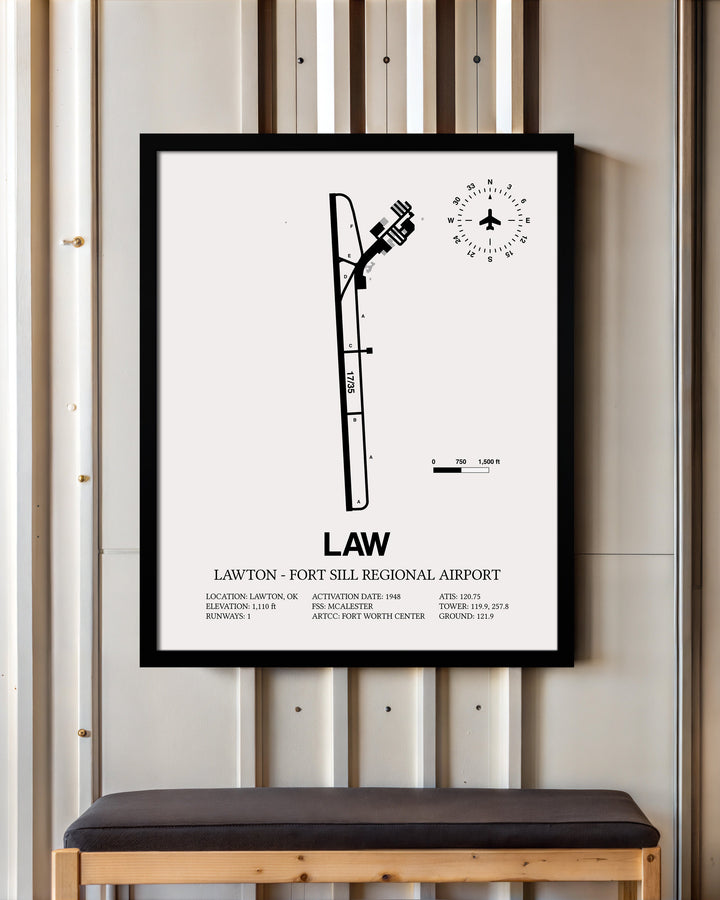 Framed Detailed Airport Map of Lawton Fort Sill Regional Airport (LAW) in White with a Black Frame