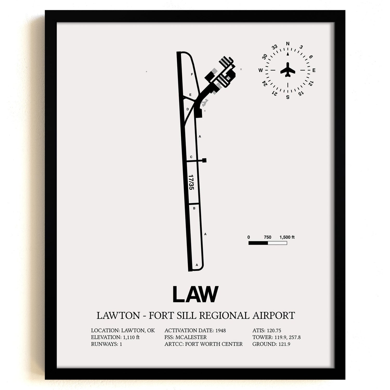 Framed Detailed Airport Map of Lawton Fort Sill Regional Airport (LAW) in White with a Black Frame
