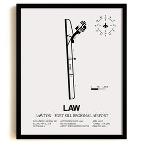 Framed Detailed Airport Map of Lawton Fort Sill Regional Airport (LAW) in White with a Black Frame