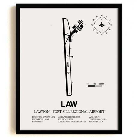 Framed Detailed Airport Map of Lawton Fort Sill Regional Airport (LAW) in White with a Black Frame