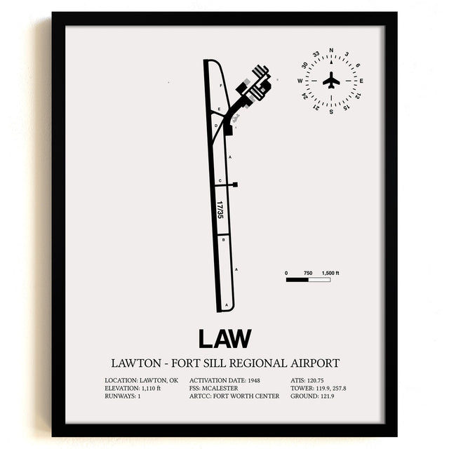 Framed Detailed Airport Map of Lawton Fort Sill Regional Airport (LAW) in White with a Black Frame