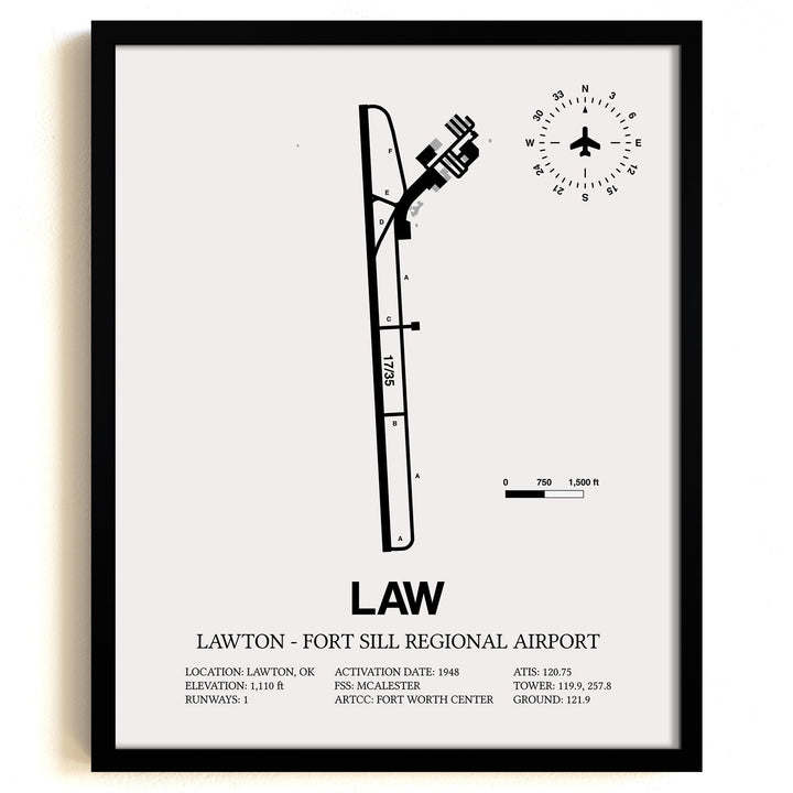 Framed Detailed Airport Map of Lawton Fort Sill Regional Airport (LAW) in White with a Black Frame