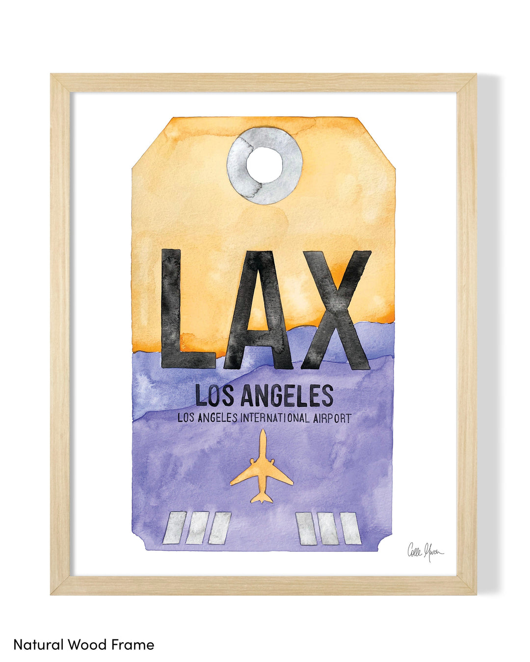 Framed Watercolor Print of Los Angeles International Airport (LAX 1) with a Natural Wood Frame
