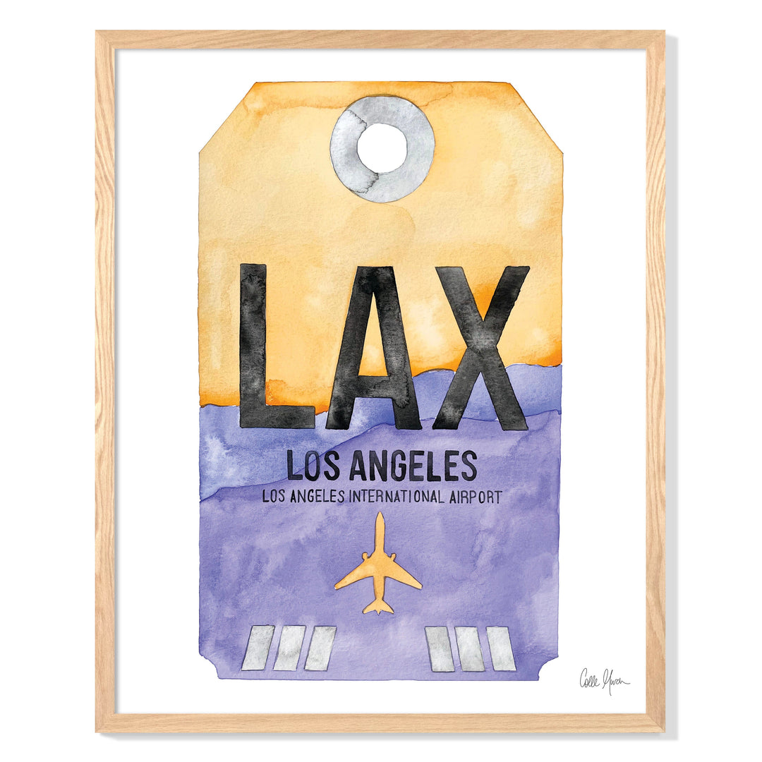 Framed Watercolor Print of Los Angeles International Airport (LAX 1) with an Oak Frame