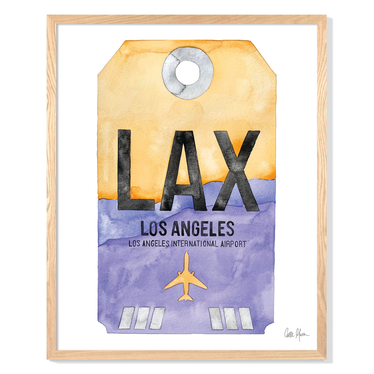 Framed Watercolor Print of Los Angeles International Airport (LAX 1) with an Oak Frame