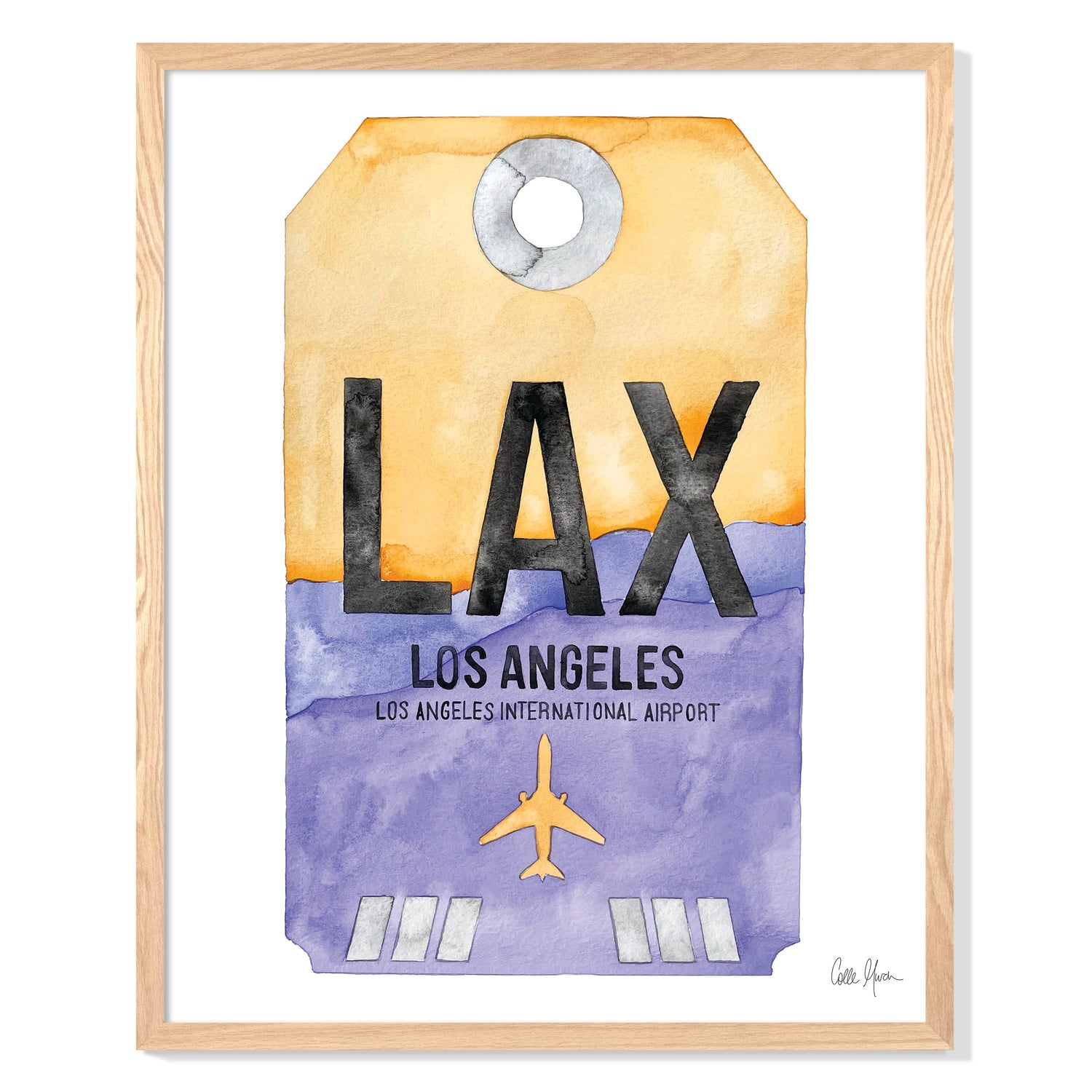 Framed Watercolor Print of Los Angeles International Airport (LAX 1) with an Oak Frame