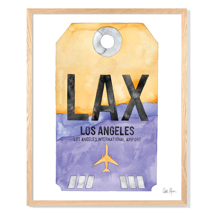 Framed Watercolor Print of Los Angeles International Airport (LAX 1) with an Oak Frame