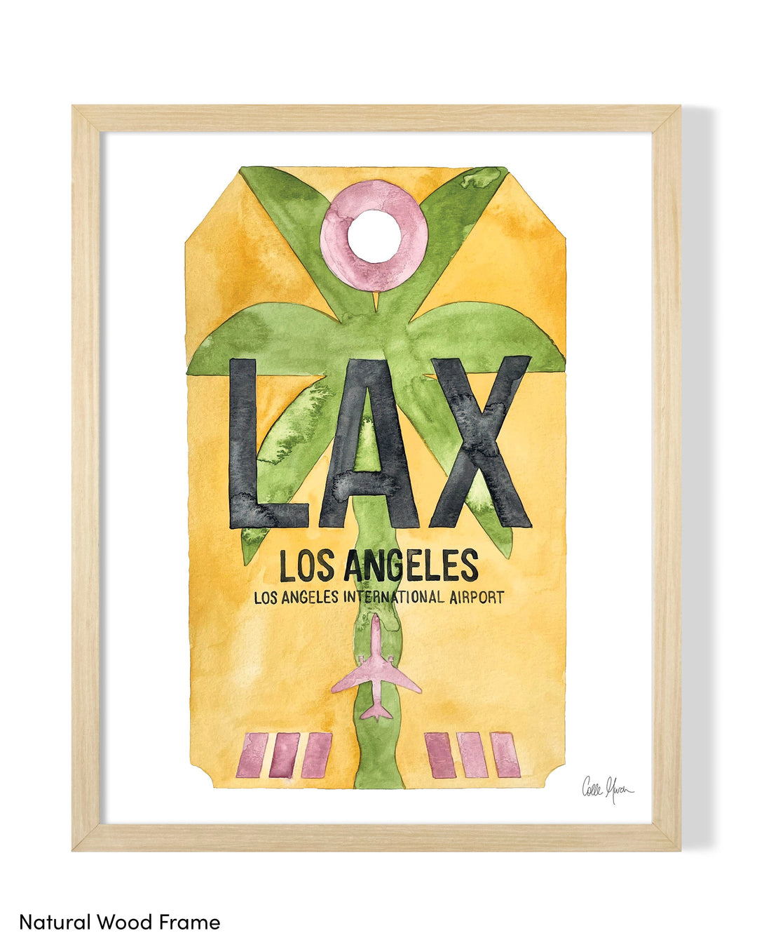 Framed Watercolor Print of Los Angeles International Airport (LAX 2) with a Natural Wood Frame
