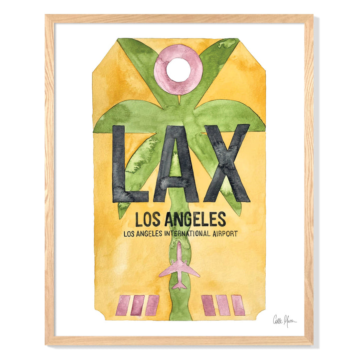 Framed Watercolor Print of Los Angeles International Airport (LAX 2) with an Oak Frame