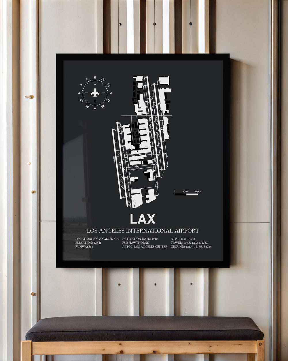 Framed Detailed Airport Map of Los Angeles International Airport (LAX) in Gray with a Black Frame