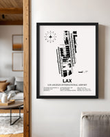 Framed Detailed Airport Map of Los Angeles International Airport (LAX) in White with a Black Frame