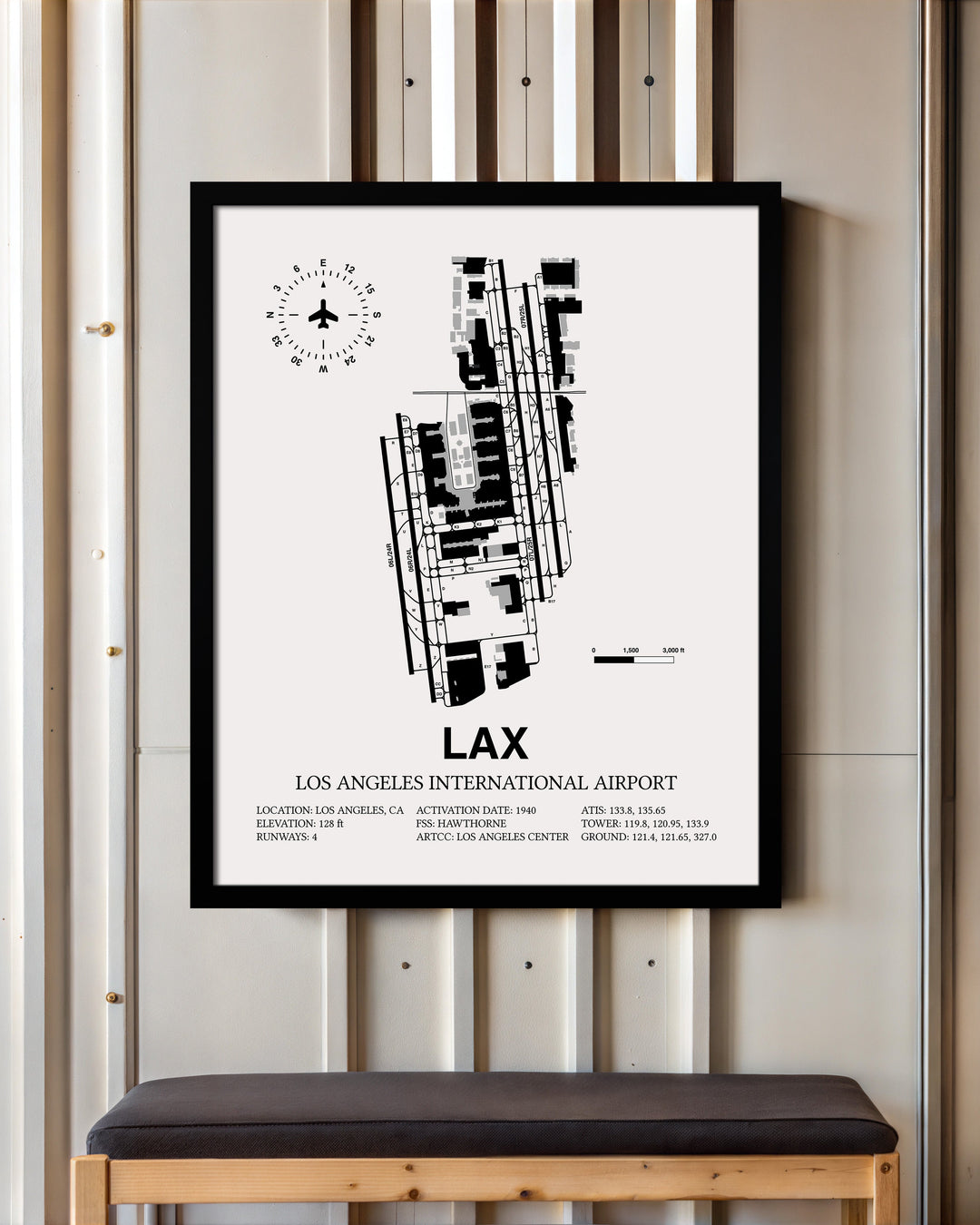 Framed Detailed Airport Map of Los Angeles International Airport (LAX) in White with a Black Frame