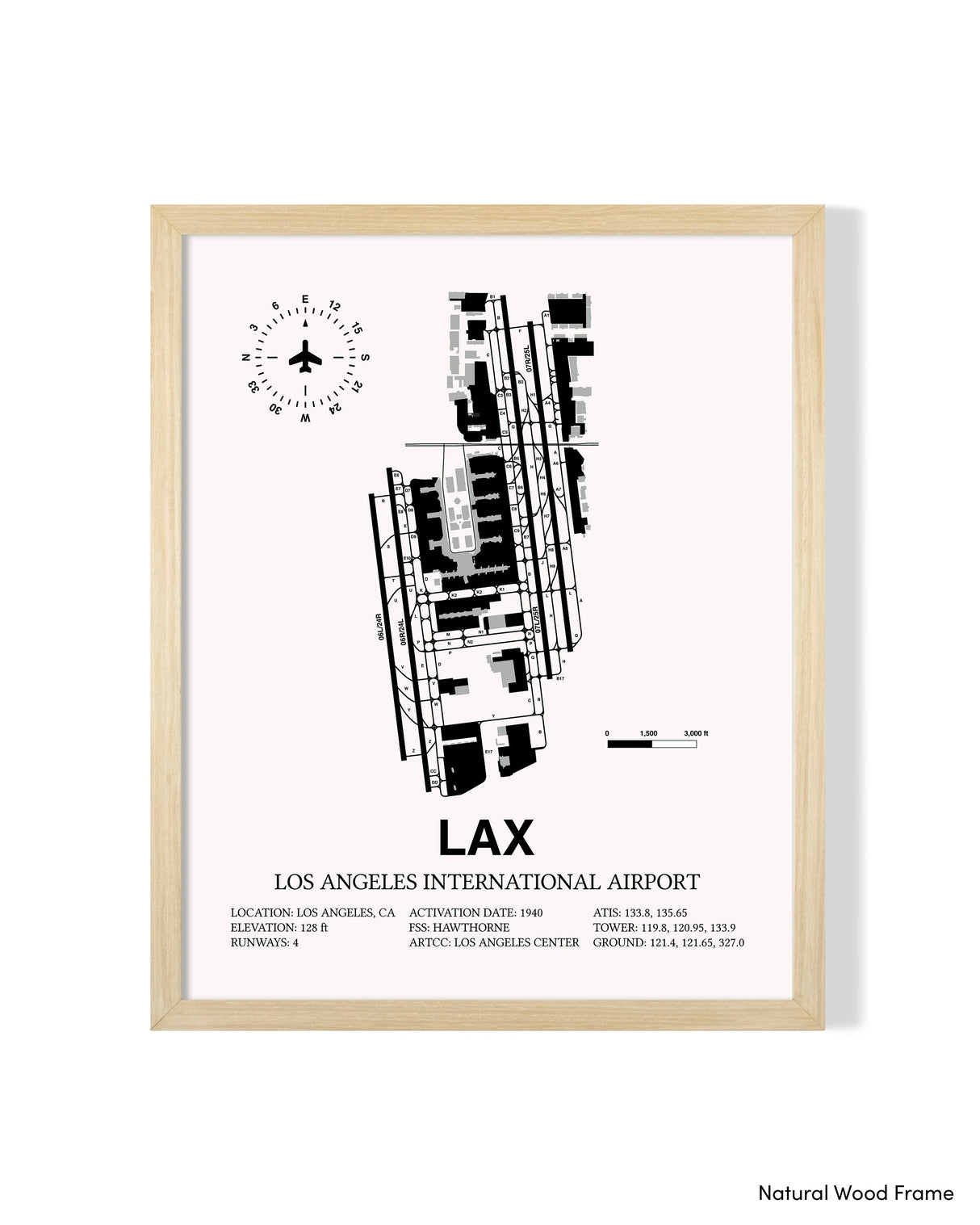 Detailed Airport Map of Los Angeles International Airport (LAX) in White with a Natural Frame