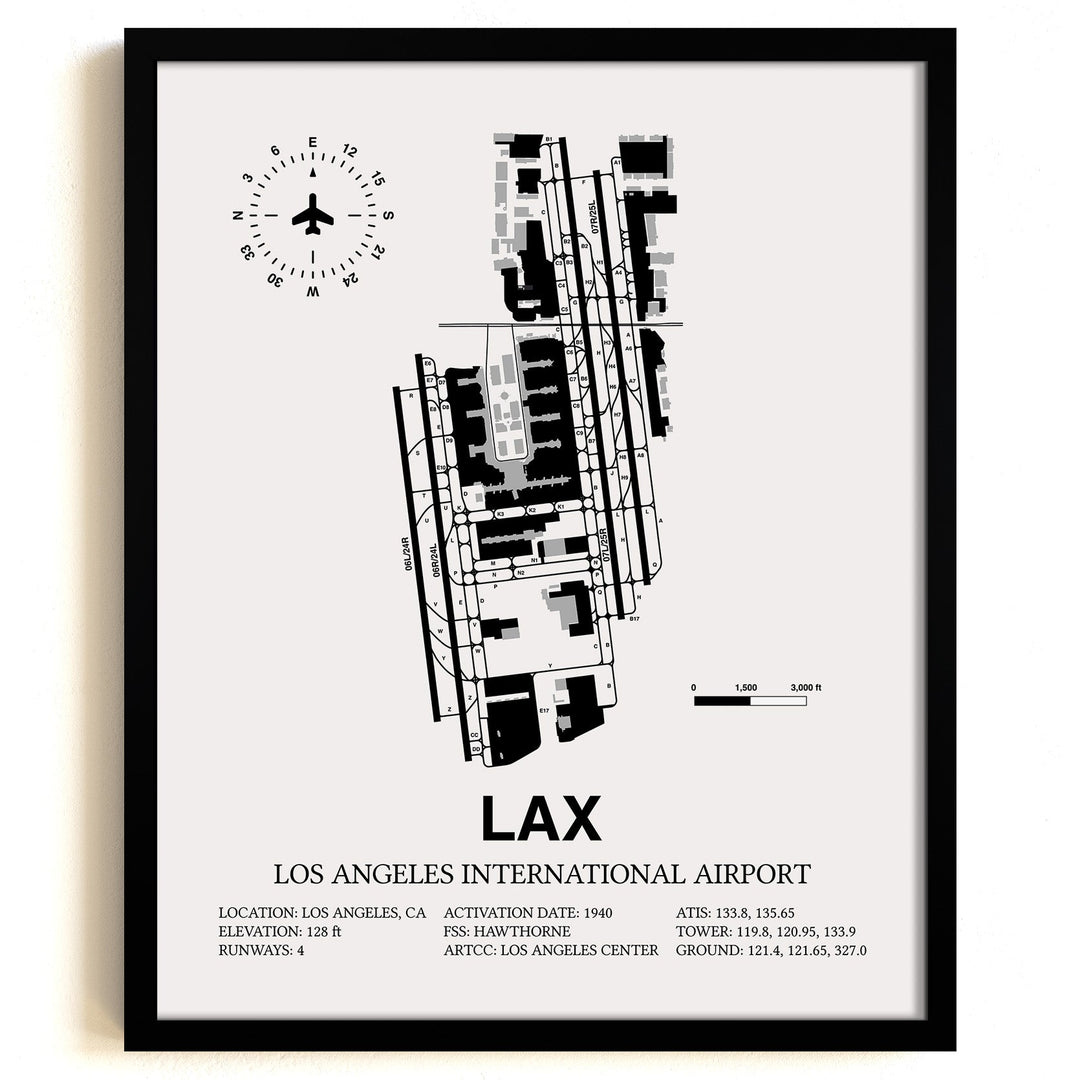 Framed Detailed Airport Map of Los Angeles International Airport (LAX) in White with a Black Frame