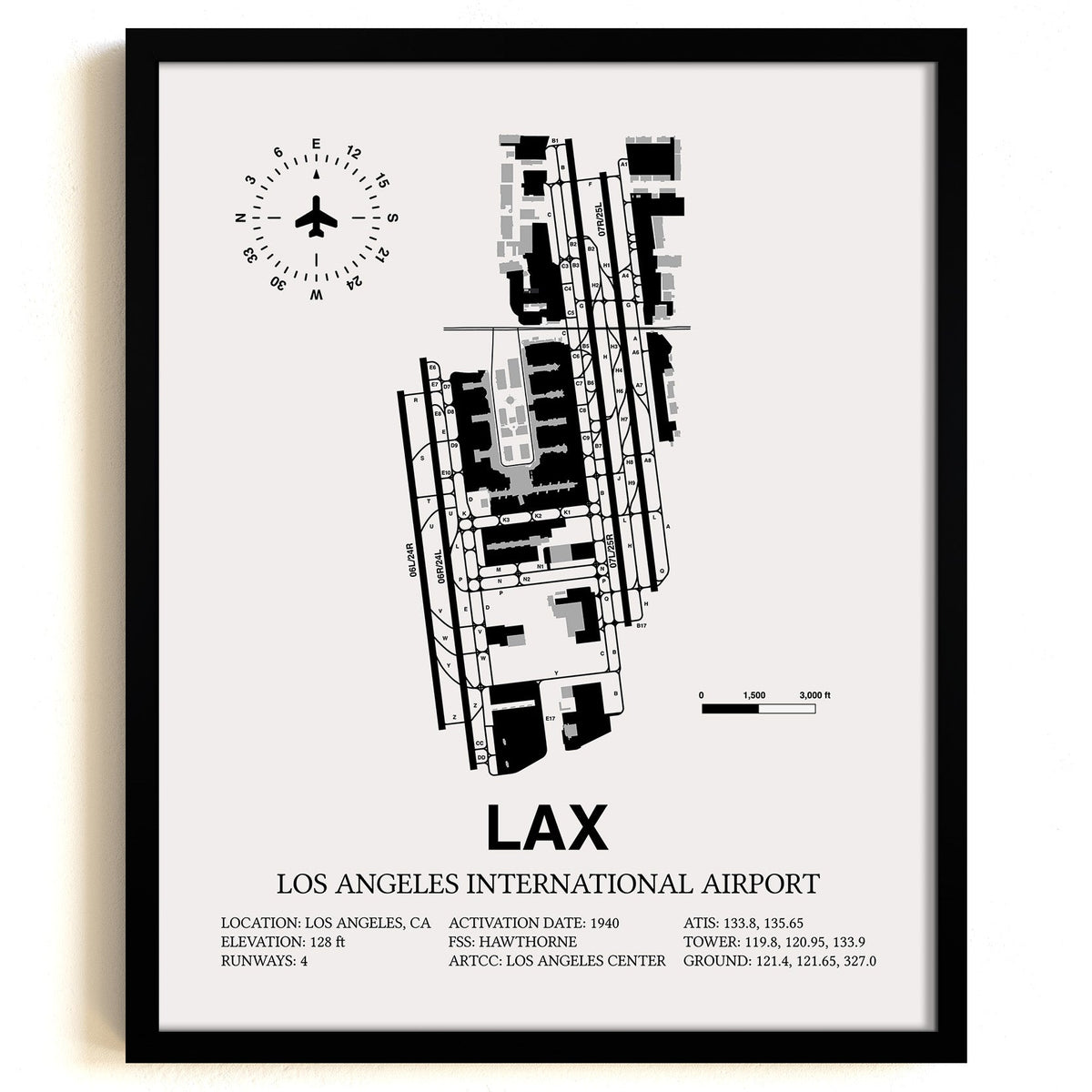 Framed Detailed Airport Map of Los Angeles International Airport (LAX) in White with a Black Frame