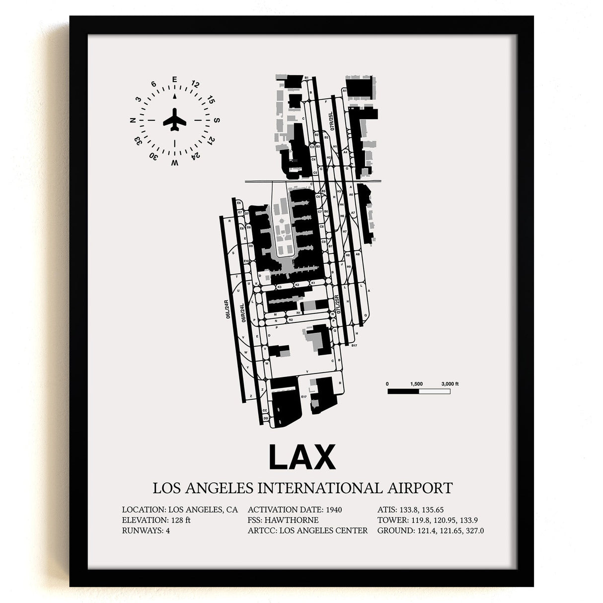 Framed Detailed Airport Map of Los Angeles International Airport (LAX) in White with a Black Frame