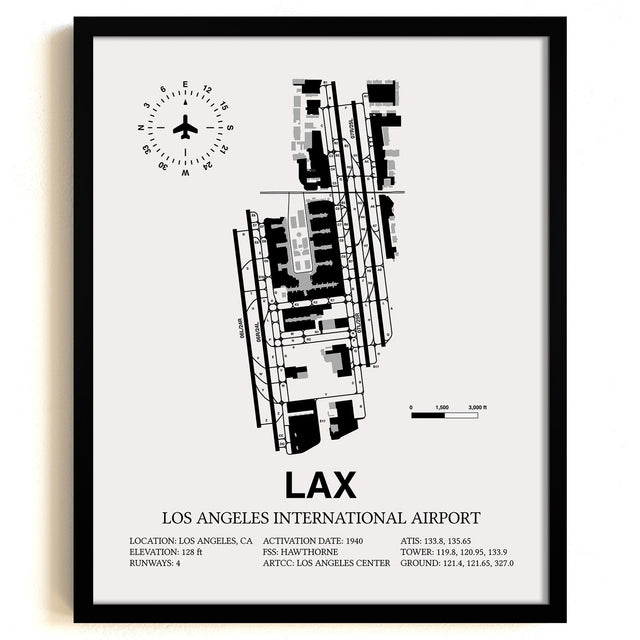 Framed Detailed Airport Map of Los Angeles International Airport (LAX) in White with a Black Frame