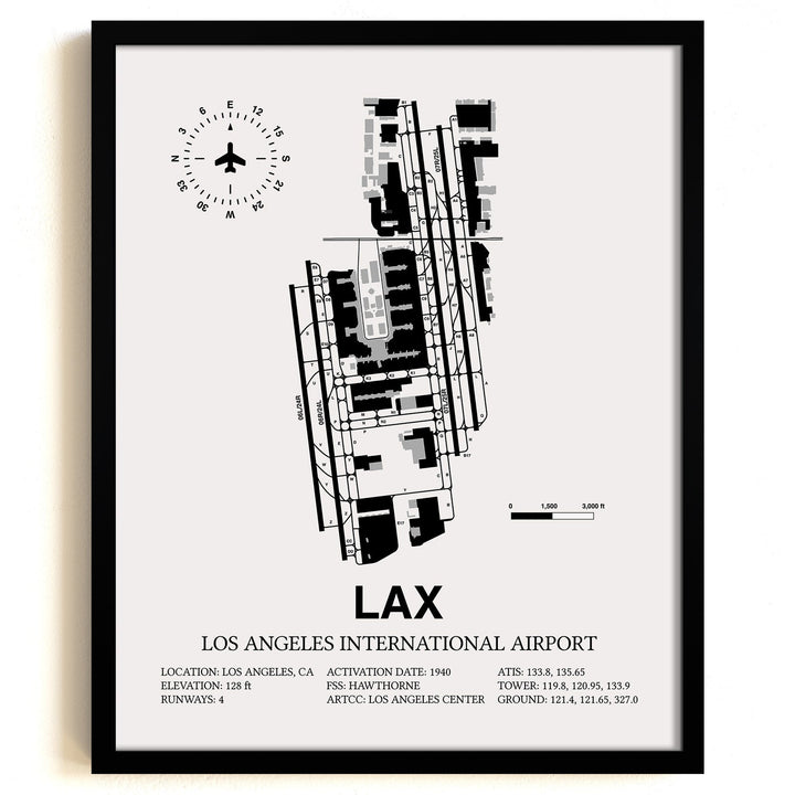 Framed Detailed Airport Map of Los Angeles International Airport (LAX) in White with a Black Frame